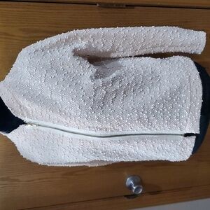 JET John Eshaya cream sequined leather trim full zip jacket knit textured